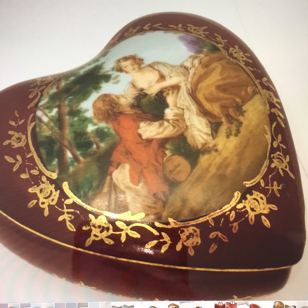 Porcelain Heart trinket box Hand painted Burgundy